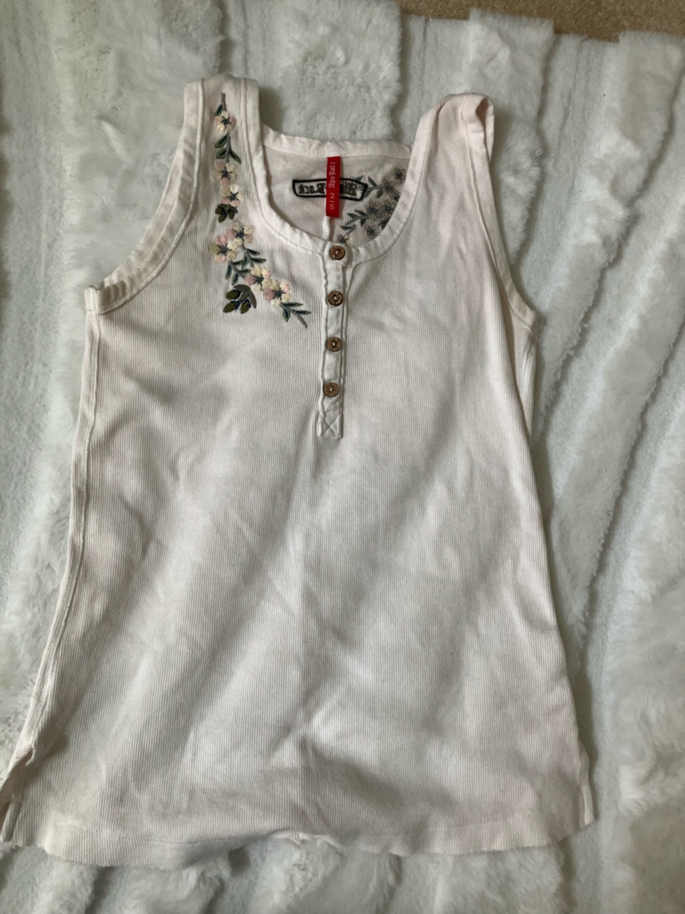 Alp N Rock Cream Ribbed Henley Tank with Floral Embroidery